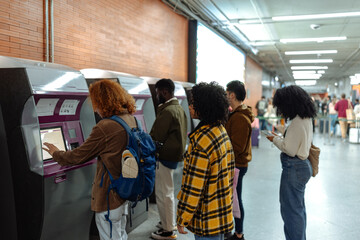 Students purchasing train tickets at ticket machine in station