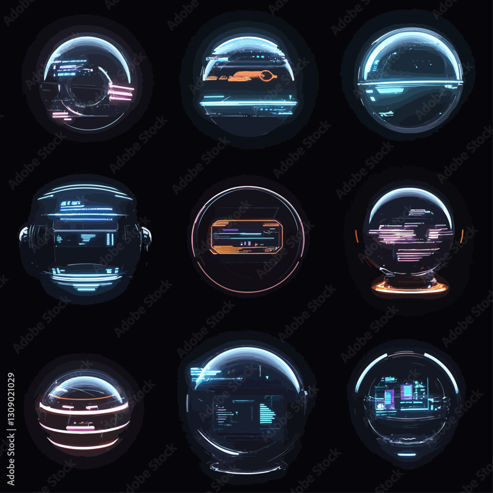 Poster digital orbs with futuristic data displays on black background