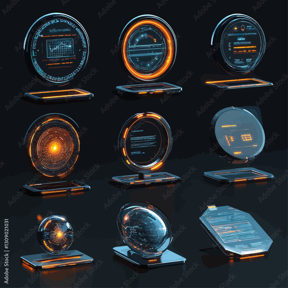 Poster futuristic tech displays with data and illuminated circuits