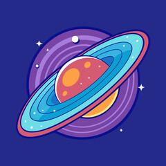 Saturn Planet with Colorful Rings Vector Illustration, Vector illustration of Saturn, showcasing its vibrant rings and stunning design against a cosmic background, symbolizing space exploration.
