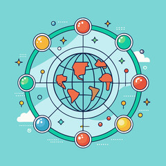 Obraz premium Global Network and Digital Communication Vector Illustration, Vector illustration of a global network with interconnected nodes surrounding the Earth, symbolizing worldwide digital communication and c