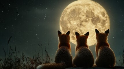 Three foxes sit side by side, staring at a bright full moon that dominates a starlit night sky. The scene conveys a sense of tranquility and natural beauty, highlighting the deep connection between