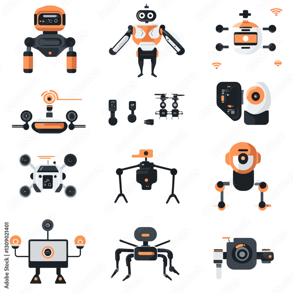 Poster futuristic robots collection: technology, artificial intelligence, design concepts