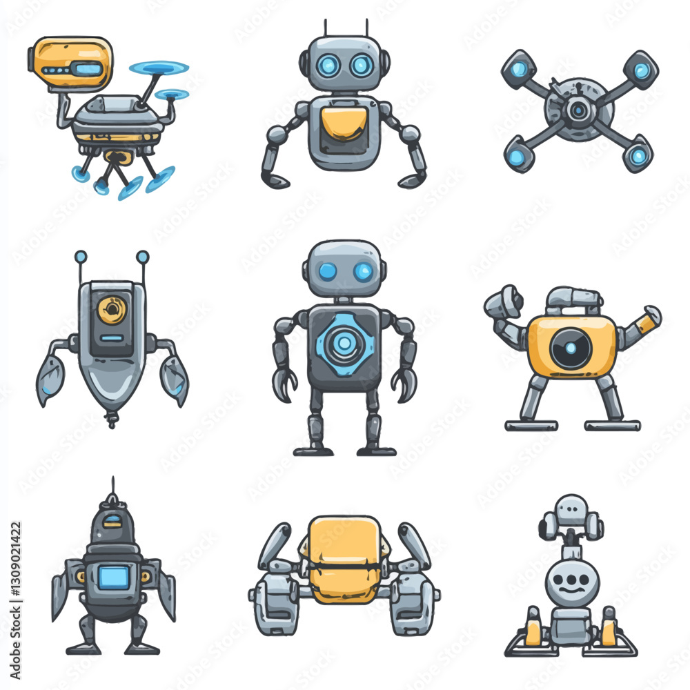Poster cartoon robots set: various futuristic designs and robotics concepts