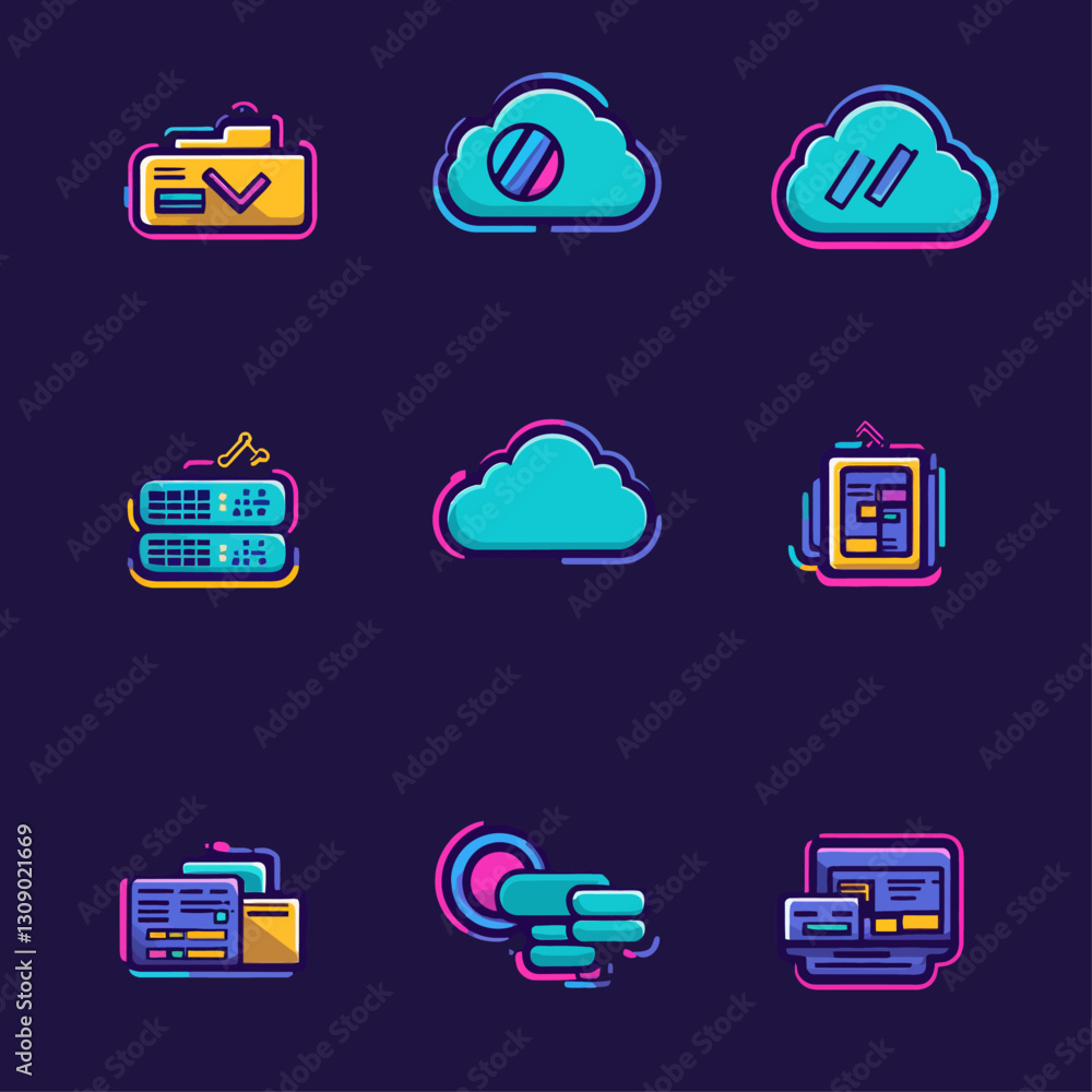Aufkleber vector cloud computing icons, technology, data storage, and networking illustrations