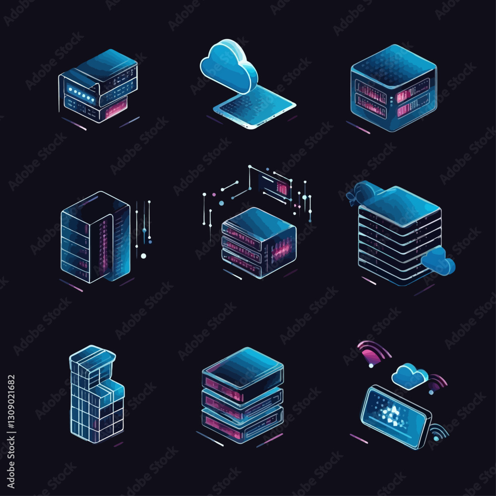 Poster isometric data servers, cloud computing, digital network technology