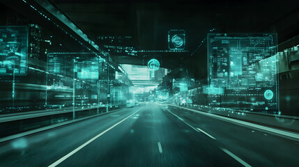 Fototapeta premium signs and holographic projections illuminating a futuristic urban landscape 
