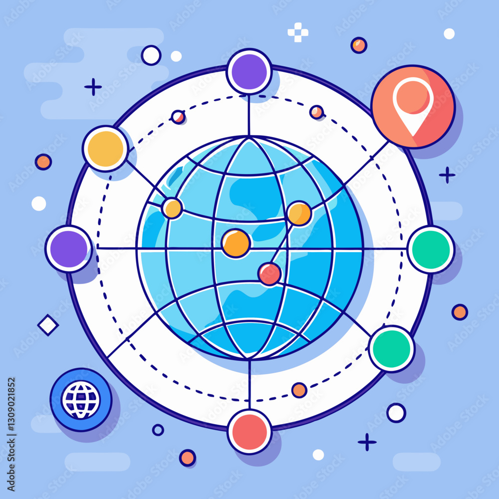Poster global network with location icons vector illustration, a vector illustration of the earth connected