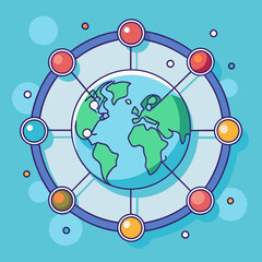 Global Network Connectivity Vector with Colorful Nodes, A vector illustration of the Earth surrounded by colorful network nodes, symbolizing global connectivity, digital communication, and data exchan