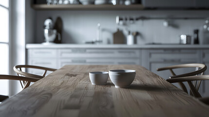 Close up of a wooden table top in a modern kitchen. Interior of a showcase cooking room mockup. 