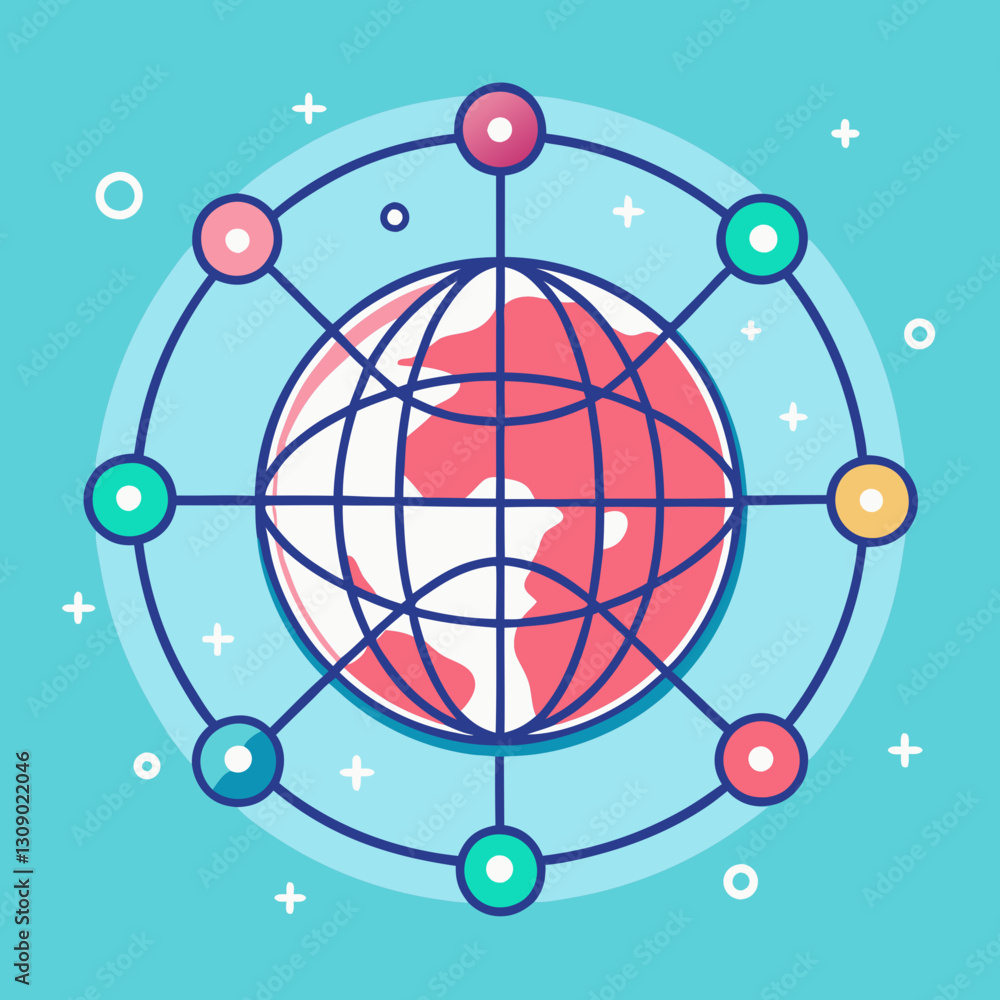 Poster global network with colorful nodes vector illustration, a vector illustration of a globe with red co