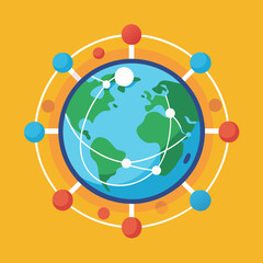 Global Connectivity Network Vector Illustration, A vector illustration of the Earth with connected nodes in different colors, symbolizing global communication and interconnected networks, set on a yel