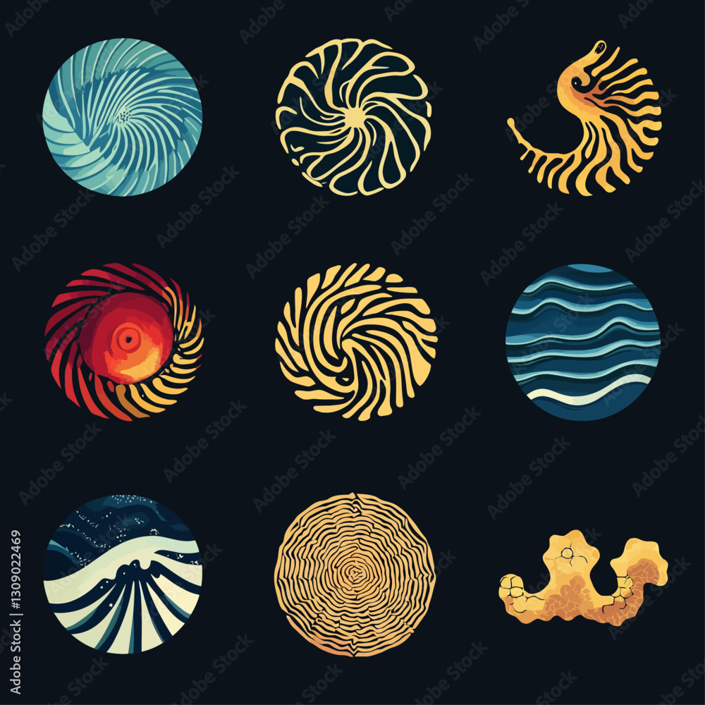 Poster abstract circular patterns in retro color palette on dark background