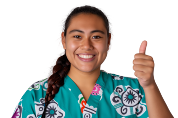Cheerful young Maori female nurse giving thumbs-up isolated on transparent white background