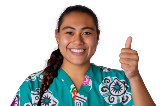 Cheerful young Maori female nurse giving thumbs-up isolated on transparent white background