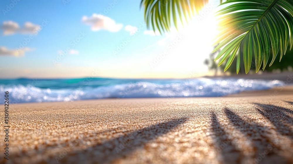 Poster 3d render, closeup view of a tropical beach with palm trees and waves on the shore at sunset bright 