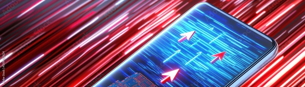 Poster 3D render of a mobile phone with arrows pointing up on the screen