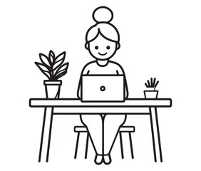 Fototapeta premium Freelancer at a stylish desk, remote work concept. Modern illustration of a woman working on a laptop