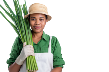 Confident young Mauritian female sugar cane worker isolated on transparent white background