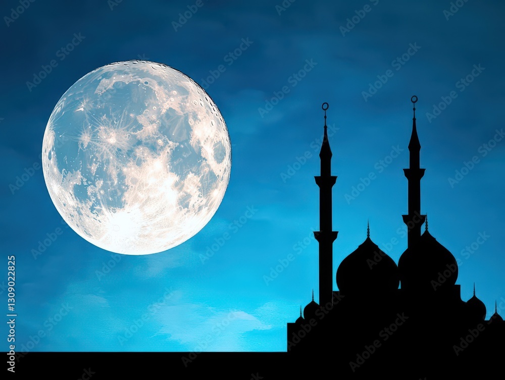 Poster 3d rendering of an abstract mosque silhouette against the backdrop of a beautiful moon