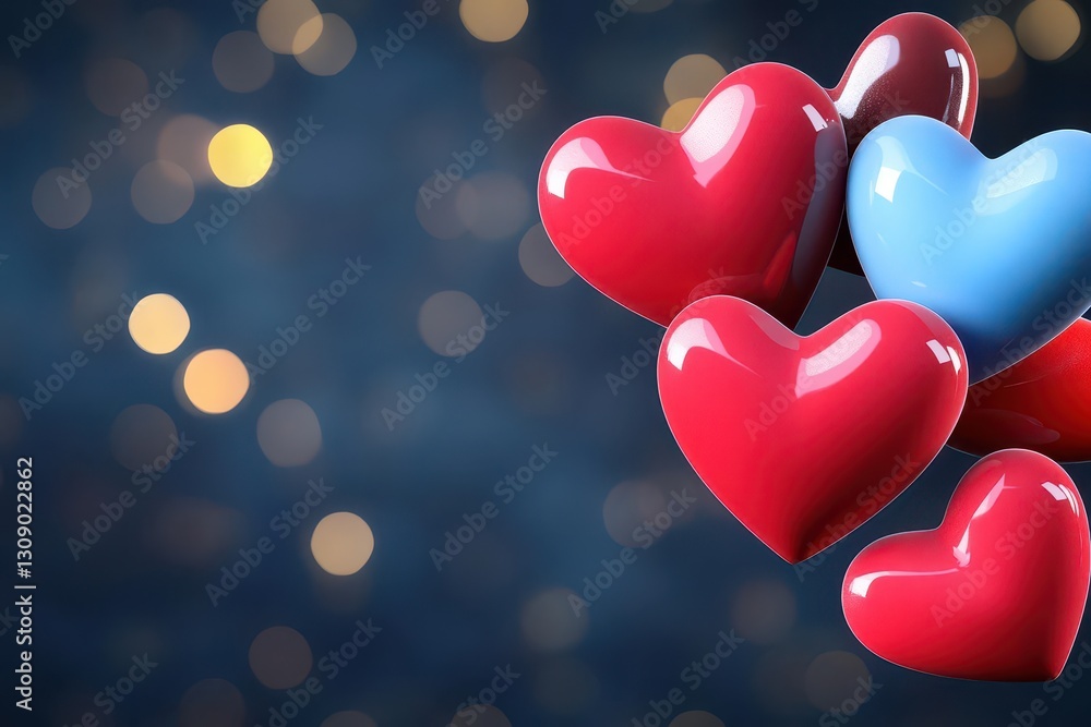 Aufkleber 3d rendering of colorful heart shapes floating in the air with bokeh lights and digital elements on dark background Valentines Day concept