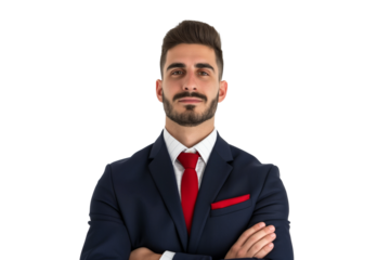 Serious young Albanian male bunker tour guide isolated on transparent white background