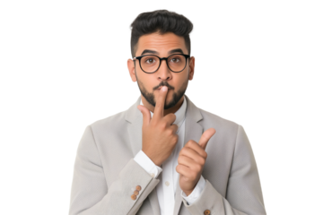 Stern young Egyptian male librarian shushing isolated on transparent white background