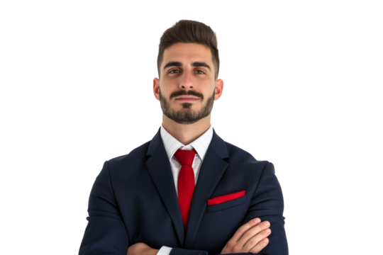 Serious young Albanian male bunker tour guide isolated on transparent white background