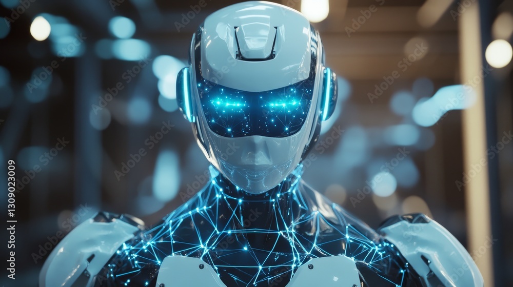 Poster close-up view of a sleek, futuristic humanoid robot with glowing blue neural networks across its bod