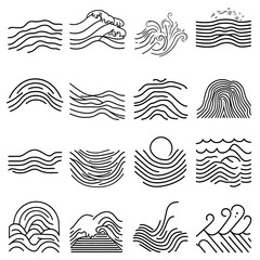 Abstract Line Art Waves, Sun, and Water Elements on White Background
