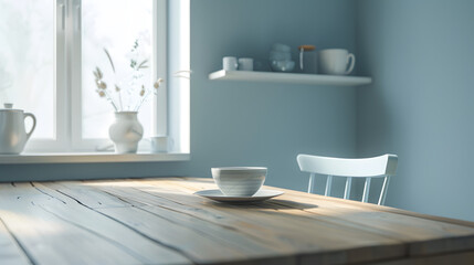 Close up of a wooden table top in a modern kitchen. Interior of a showcase cooking room mockup. 
