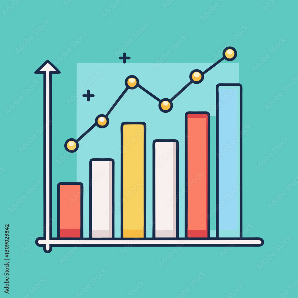 Poster colorful bar graph with growth trend and data points, a vector illustration of a colorful bar graph 