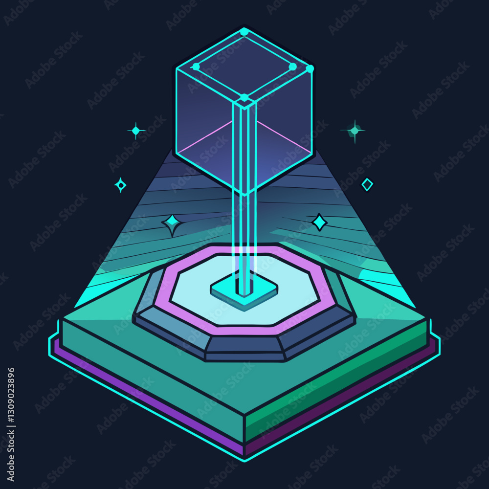 Poster 3d floating cube hologram vector with glowing lines, a vector illustration of a 3d floating cube hol