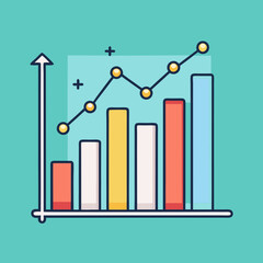 Colorful bar graph with growth trend and data points, A vector illustration of a colorful bar graph with a growth trend and data points, set against a teal background.
