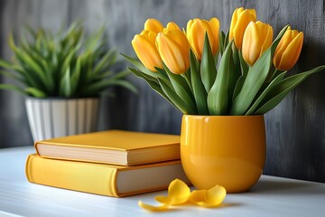 Yellow Book, Plant Pot, and Tulip Petals on White Desk
