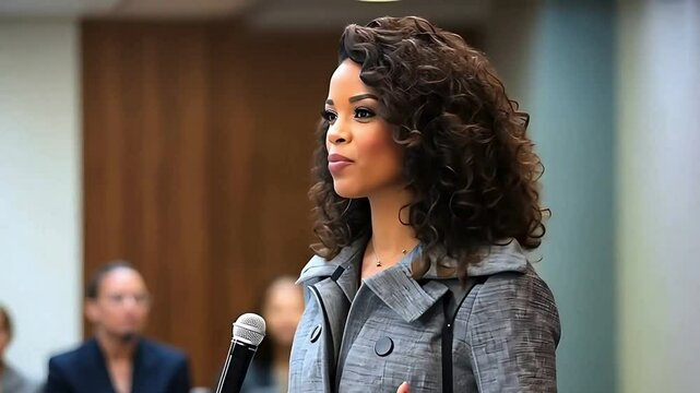 beautiful and smart african american woman is giving a lecture in study hall; footage with professional speaker on business conference / university professor; 