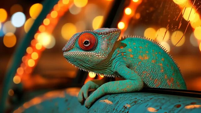 Green lizard is sitting on the side of a car. The lizard is looking at the camera
