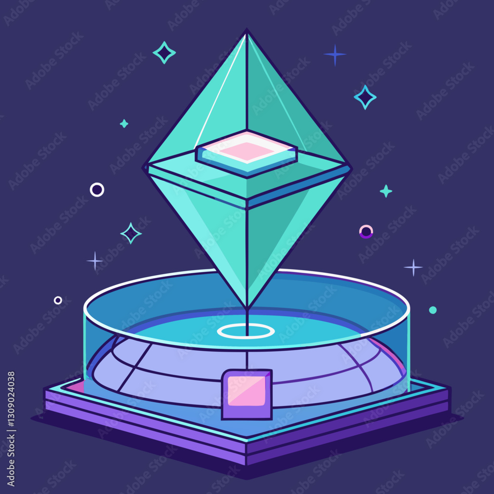 Poster 3d floating crystal pyramid vector with glowing square, a vector illustration of a 3d floating cryst