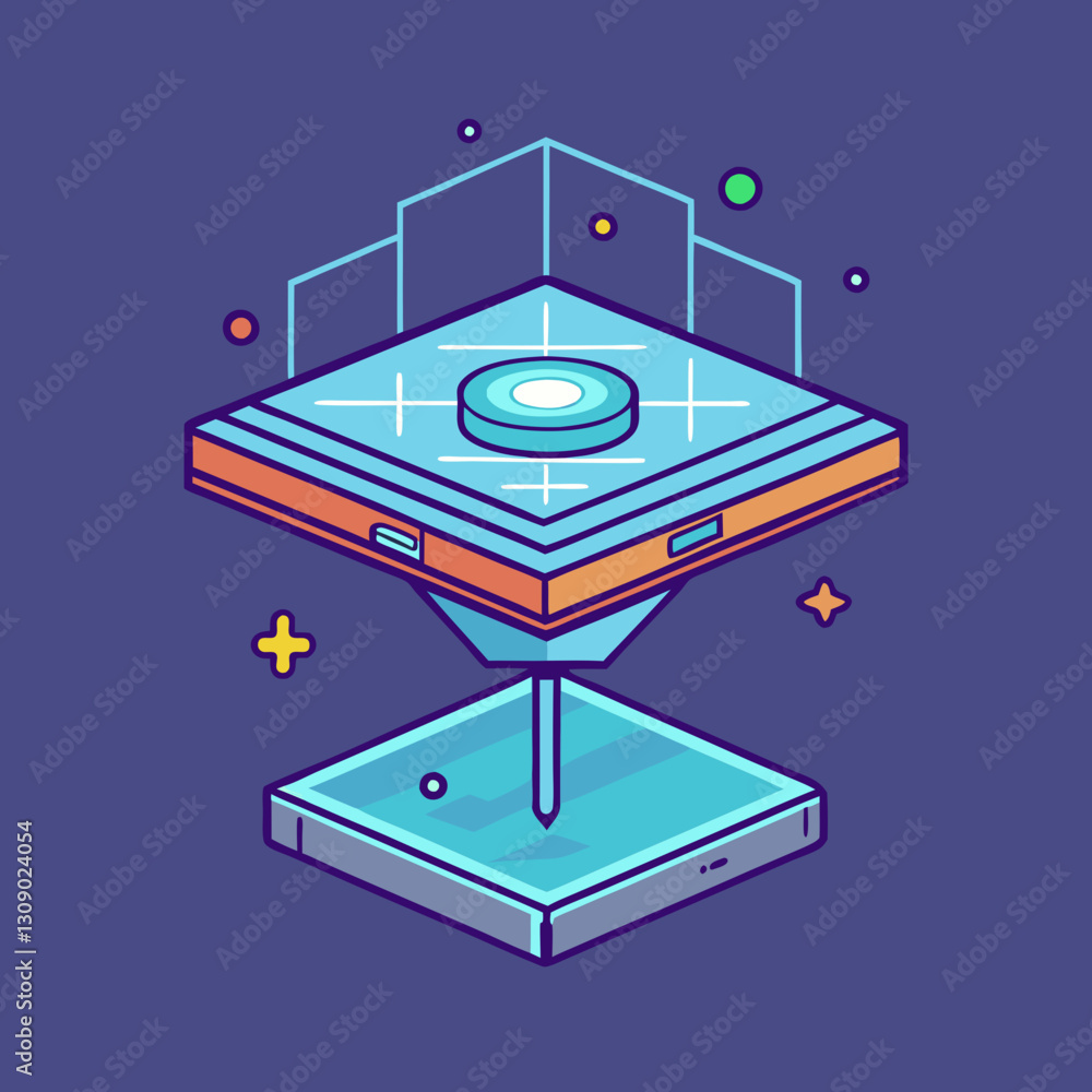 Poster 3d floating grid projection vector with shapes, a vector illustration of a 3d floating grid projecti