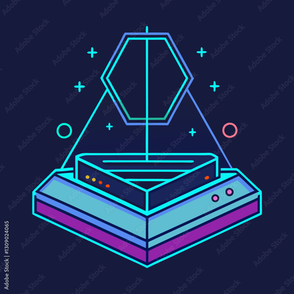 Poster geometric floating hologram vector with hexagon, a vector illustration of a geometric floating holog