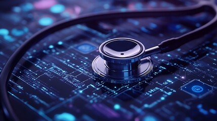 Stethoscope on digital circuit board; healthcare technology.