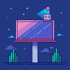 Billboard with light beam and modern design vector, A vector illustration of a modern billboard with a light beam shining down, surrounded by trees and clouds in the night sky.
