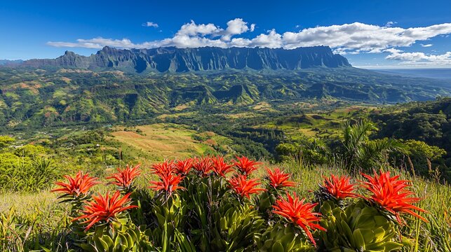 Vibrant Red Flowers in Front of a Lush Green Valley and Majestic Mountain Range under a Bright Sunny Sky
