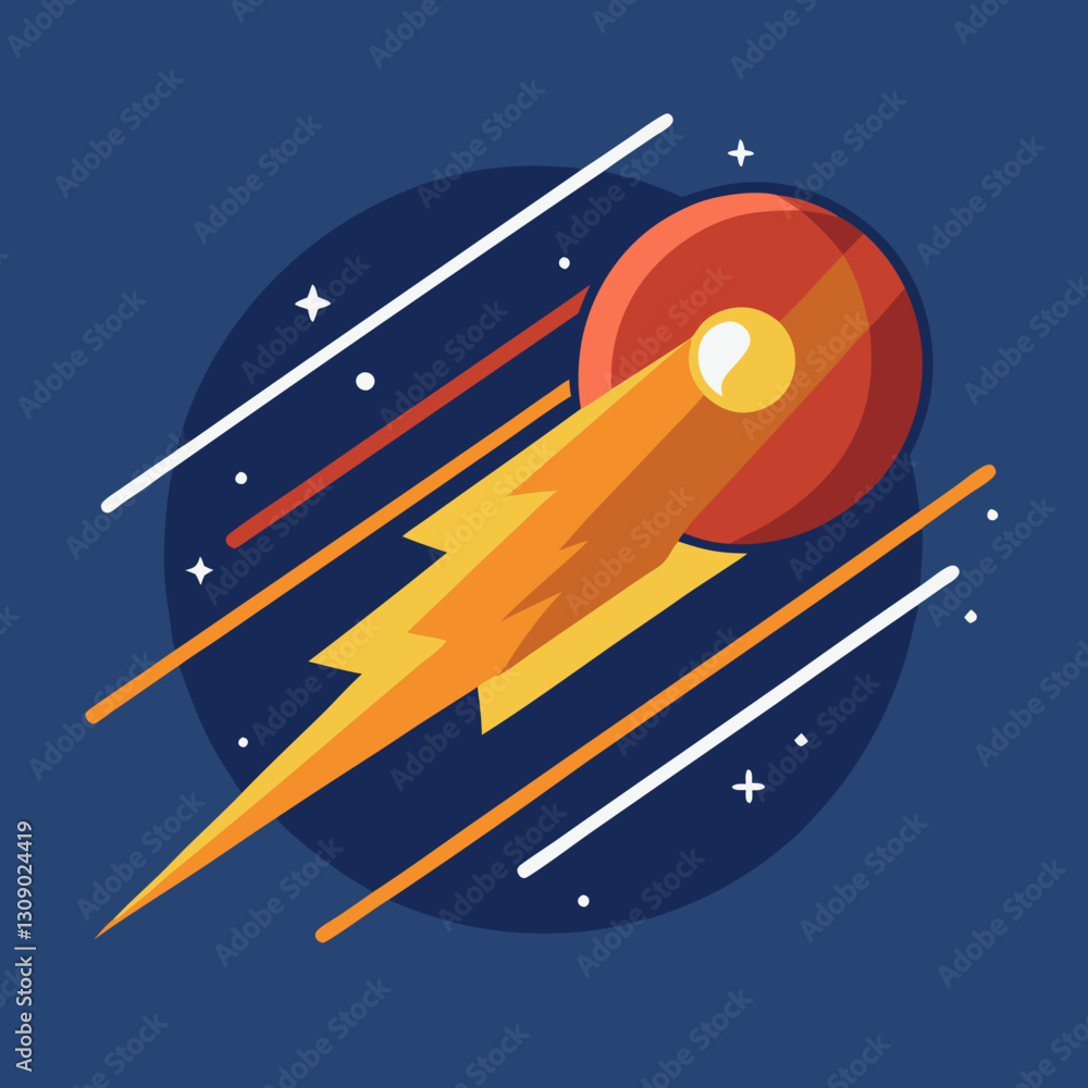 Poster cartoon comet with lightning and speed lines vector, a vector illustration of a fast-moving comet wi