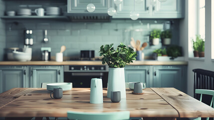 Close up of a wooden table top in a modern kitchen. Interior of a showcase cooking room mockup. 