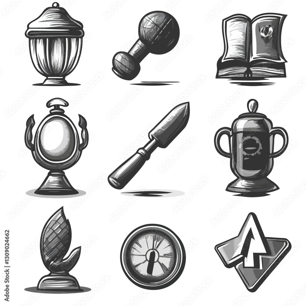 Poster set of nine line art illustrations of various objects.