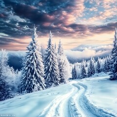 Obraz premium Fantastic winter landscape with snow covered trees. Dramatic sky. 