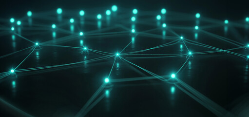 Digital Network Nodes with Turquoise Connections on Dark Background