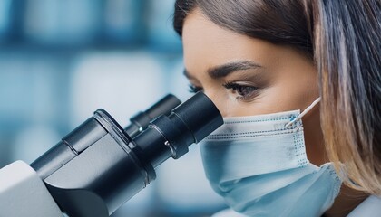 female scientist wearing facial mask looking through microscope