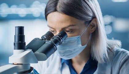 female scientist looking through microscope